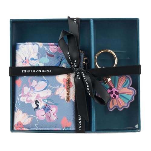 PACO MARTINEZ Set de Regalo para Mujer, Caja Regalo con Cartera Billetero para Mujer y Llavero a Juego en Colores Pastel con Estapado Floral, Idea de Regalo de Cumpleaños, Aniversario o Navidad