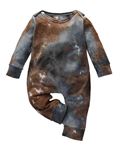 YOUNGER STAR Baby Girl Boy Ribbed Romper Jumpsuit Cotton Tie Dye One-Piece Bodysuit Coverall Long Sleeve Pajamas Fall Outfits (Brown, 6-12 Months)