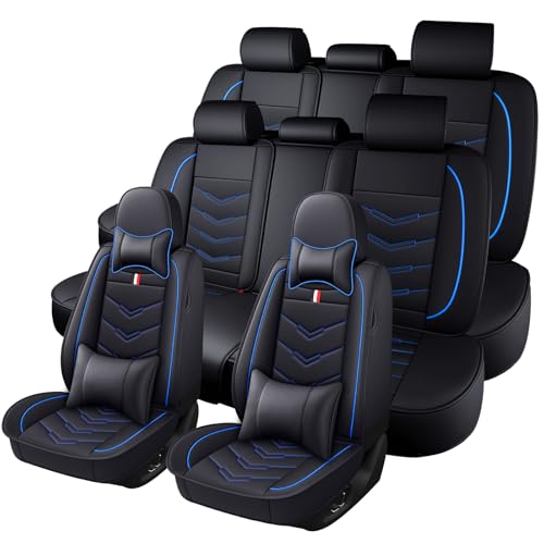 Image of Car Seat Cover 8 Seats for Mitsubishi Outlander 2003-2025, Durable Wear Resistant Waterproof Sport Seat Cover, Breathable No Odor Premium Leather Vehicle Seat Covers.(Luxury,Black Blue)