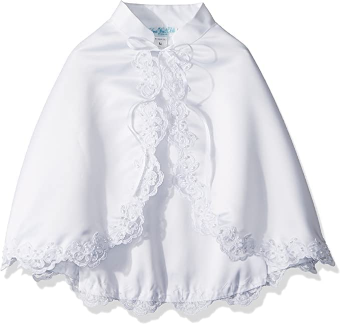 White Satin Cape with Lace Trim and Beads - First Communion Bolero for Girls, Flower Girl Sweater for Wedding