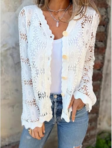 Besidewith Cutout Embroidered V-Neck Button Long Sleeve Top, Casual Crochet Hollow Out Knit Tops4