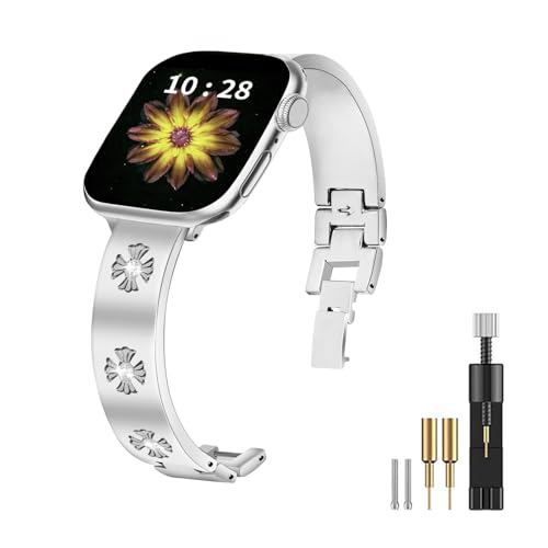 JOYOZY Metal Band Compatible with Apple Watch Band 38mm 40mm 41mm 42mm 44mm 45mm 49mm Fancy Luxury Strap with Sparkle Diamond, Dressy iWatch Bracelet, Cute Daisy Band for Women