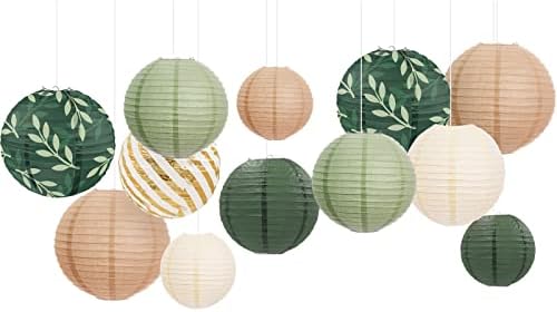 AOBKIAT Party Decorations Paper Lanterns Set, 12Pcs Green Brown Hanging Paper Lantern for Wedding Party, Birthday, Bridal Showers, Rustic Wedding Decorations