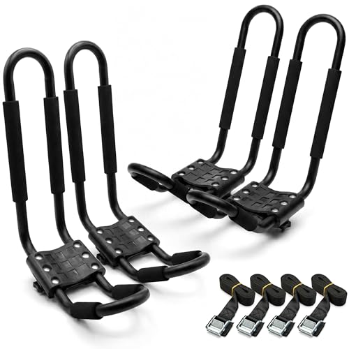 Vallix 2 Pairs Kayak Roof Rack for Car, J-Bar Kayak Carrier for SUV & Trucks, Heavy Duty Top Mount Holder with Straps for Canoe Boat Surfboard, 4 Pcs/Set