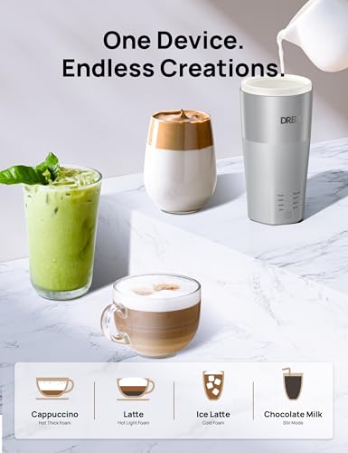Image of DREO Milk Frother, 4-in-1 Electric Frother for Coffee, Hot and Cold Foam Maker for Cappuccino, Flat-white, Latte with Plant-based and Dairy Milk, Multi-stage, Easy to Clean, Temperature Control, Grey