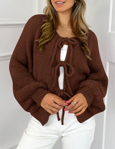 PRETTYGARDEN Women's Tie Front Bow Cardigan Sweaters Chunky Knit Long Puff Sleeve Trendy Fall Winter Jacket Coats4