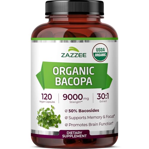 Zazzee USDA Organic Bacopa 30:1 Extract 50% Bacosides 120 Vegan Capsules 4 Month Supply Bacopa Monnieri Cognitive Brain & Memory Support Non-GMO Organic Herbal Supplement Made in the USA