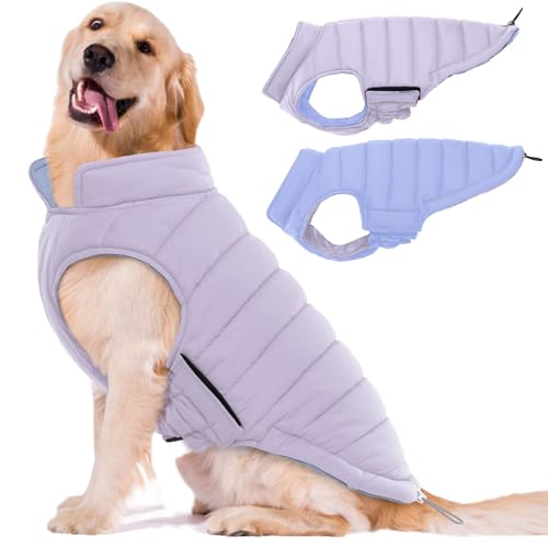 Image of Lelepet Reversible Dog Coat Windproof Dog Puffer Jacket Lightweight Vest | Winter Jacket Warm Cold Weather Coat for Large Dogs Adjustbale Hook & Loop Pet Apparel with Leash Hole, Pitbull, Purple, XL