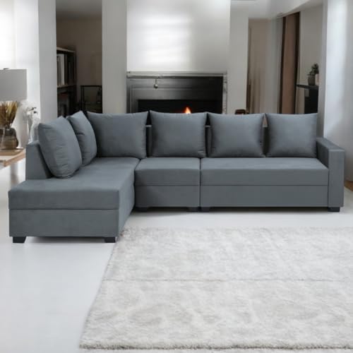 Image of FURNY Gloria 6 Seater Fabric LHS L Shape Sofa Set (Dark Grey) Premium Velvet Finish | Durable Comfort | Ideal for Living Room