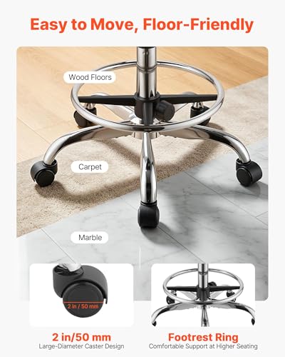 Image of VEVOR Rolling Stool with Wheels Footrest, 500 lbs Weight Capacity, Height Adjustable, Thick Cushion Ergonomic PU Leather Seat, 360 Swivel Round Rolling Stool Chair for Salon, Clinic, Medical, Black