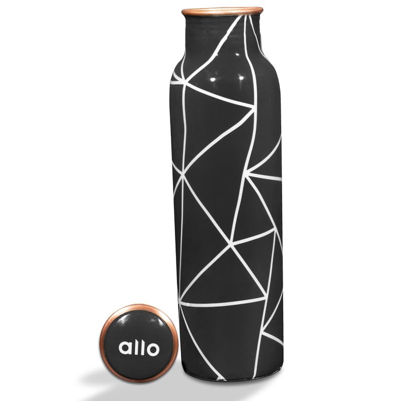 Image of Allo Pure Copper Water Bottle 1 Litre Copper Bottle | Alkaline and Anti Oxidant | 100% Leak Proof, Office, Gym Bottle, Modern Tamba Bottle for Adults, Best Gift for Diwali (Black Abstract Line)