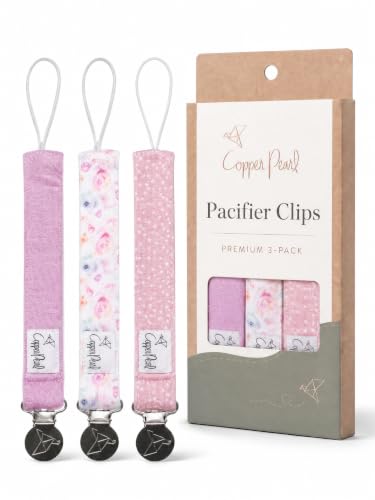 Image of Copper Pearl Premium Knit Pacifier Clips 3-Pack: Stylish Stainless Steel Holders for Baby Girls and Boys - Prevents Floor Drops - Bloom Design