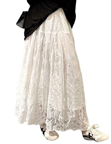 CHARTOU Women Embroidered Long Lace Maxi Skirt Sheer Tull Layered Skirt Crochet Mesh A Line Skirt Cotton Elastic Waist