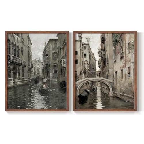 Renditions Gallery Set of 2 Peel & Stick Framed Prints, Abstract Landscape Wall Art, Gandola Glimpse Of Venice Wall Decor, Re-Stickable - Ready to Hang - 8"x10" - Walnut Frame GAL048