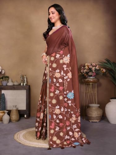 Image of SAMANTHA Black Floral Print Ready to Wear Linen Saree with Pocket & Adjustable Belt