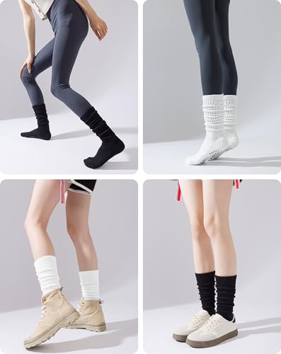 Image of Yawlsow Pilates Socks with Grips for Women Yoga Ruffle Grippy Non Slip Long Slouchy Scrunch Socks for Barre Workout Hospital