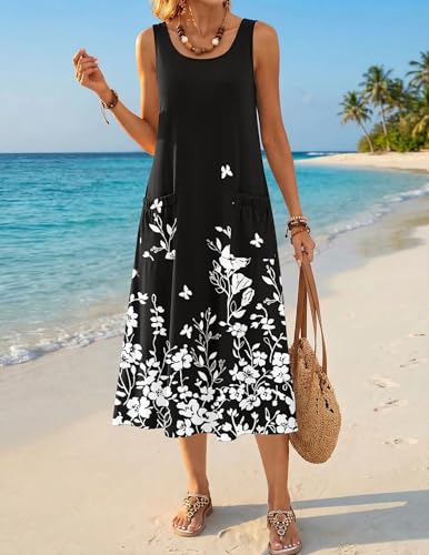 Image of Zeagoo Womens Summer Midi Dresses 2026 Casual Sleeveless Tank Sundresses A Line Crewneck Beach Vacation Dress with Pockets