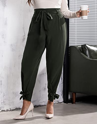 Flamingals Women's High Waist Casual Straight Leg Work Pencil Pants Tie Belted Stretchy Trouser Army Green L #TOP2