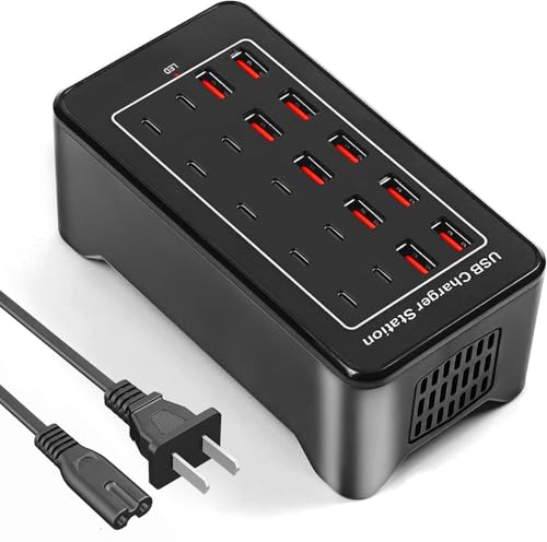 USB Charging Station, USB C Charger Block, 20Port (20A) Multiple Charging Hub Desktop 10 Port USB Charger Compatible for Apple iPhone, iPad, Samsung, Pixel, Cell Phone, Tablets, Office Home Use