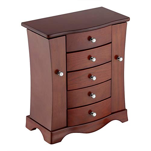 RR ROUND RICH DESIGN Jewelry Box - Made of Solid Wood with Tower Style 4 Drawers Organizer and 2 Separated Open Doors on 2 Sides and Large Mirror Brown - Image 3