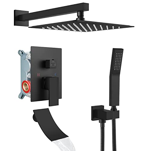 Airuida Matte Black Tub Shower Faucet Set 3 Function Shower System with Tub Spout with Waterfall Tub Spout 10 Inch Wall Mount Rainfall Showerhead Handheld Combo Set Rough-in Valve Included Airuida Matte Black Tub Shower Faucet Set 3 Function Shower System with Tub Spout with Waterfall Tub Spout 10 Inch Wall Mount Rainfall Showerhead Handheld Combo Set Rough-in Valve Included