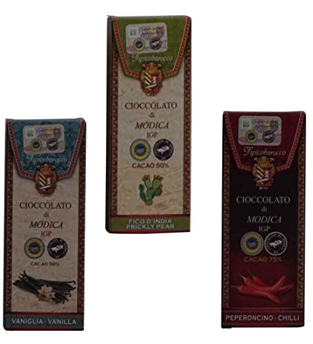 Tipicobarocco: Modica Chocolate Set of 3 Different Flavors (Prickly Pear, Chili, Vanilla) 3.5 oz 100gr Each