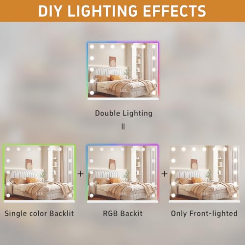 FENCHILIN Hollywood Espejo con RGB Espejo de Maquillaje con Iluminación con 15 Regulable 3 Modos de Luz Hollywood con Iluminación 10x Aumento HD Vidrio Templado Blanco 58 cm x 46 cm - imagen 5