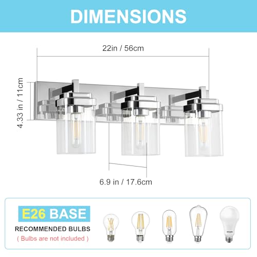 Image of SineRise Vanity Light Fixture,3-Light Vanity Light for Bathroom,Chrome Bathroom Vanity Lighting Over Mirror with Square Clear Glass Shade for Restroom