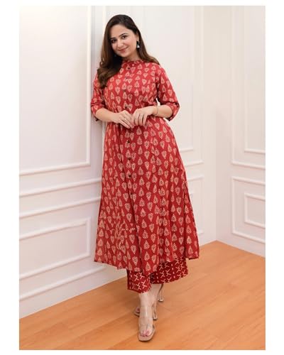Image of Arayna Women's Cotton Floral Block Printed Co-ord Set - Straight Kurta Palazzo Pants