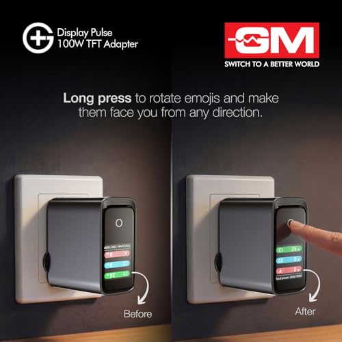 Image of GM G+ DisplayPulse 100W GaN Fast Charger | Type-C + USB-A Ports | Best for Tablet, MacBook, Laptop, iPhone, Samsung | TFT Display with 14 Smiley Animation Styles | Displays real-time Charging Wattage.