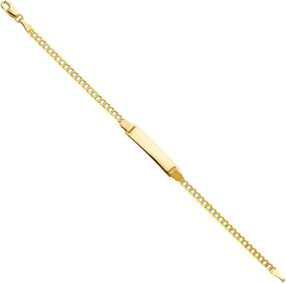 Wellingsale 14k Yellow Gold Polished White Pave 2.5mm ID Concave Curb Bracelet with Lobster Claw Clasp - 6"