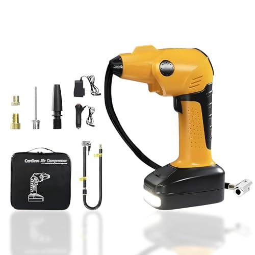 TONSIM Multi-Functional cordless Tire Inflator-150PSI Digital Portable Air Compressor with Rechargeable Battery, Auto-Off Feature and Digital Gauge for Bicycles, Motorcycles, Car Tire Pump-Yellow