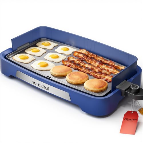 Image of Cleansnap Everyday Electric Griddle,The Ultimate Gift for Family Feasts - 20 inch Nonstick Grill with Foldable Anti-Mess Shield, Rapid 1700W Heat&PPG Ceramic Coating, Dishwasher Safe, Ocean Blue