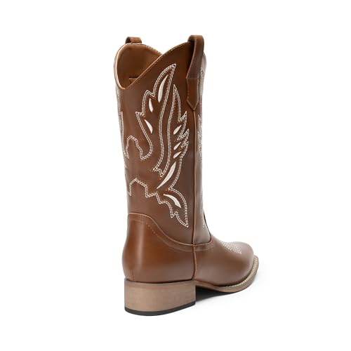 Image of DREAM PAIRS Women's Square Toe Cowboy Cowgirl Boots Pull On Low Chunky Heel Mid Calf Western Boots with Embroidered Stitched for Theme Party Country Concert