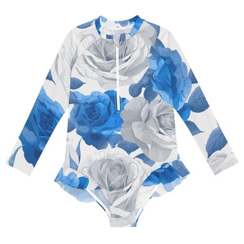 Girls One Piece Swimsuits Long Sleeve Swimsuit Zipper Bathing Suits Blue White Roses Flwoer