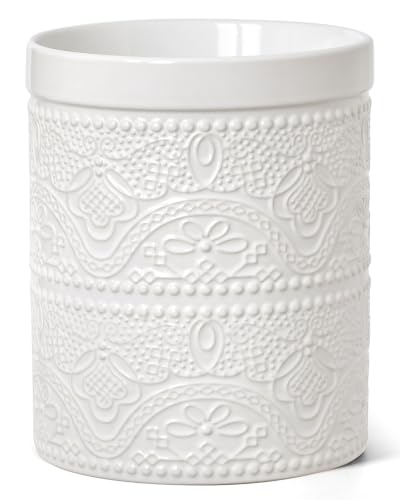 Image of FUN ELEMENTS Kitchen Utensil Holder, 7.2 inch Super Large Utensil Crock Heavy and Stable Lace Emboss Ceramic Utensil Holder for Kitchen Counter (Bright White)