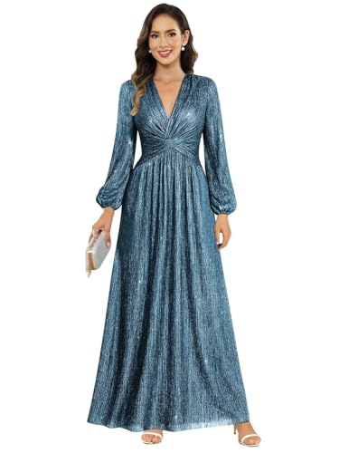 Image of Women's Formal Wedding Guest V Neck Glitter Sequins Mother of The Bride Dresses Long Sleeve