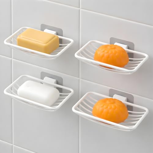 Image of Satpurush Adhesive Soap Holder for Bathroom Wall | Stickable Soap Stand No Drill | Self Adhesive Soap Dish for Tiles | Plastic Soap Case with Drain Tray | Bathroom Organizer. (Pack of 4)