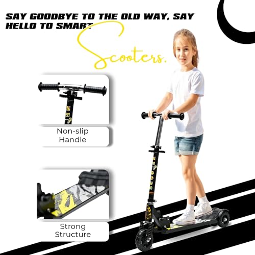 Image of Kick Steel Scooter for Kids, 3 Adjustable Height Scooter, Foldable & Attractive PVC Wheels with Rare Brakes for Kids Age Upto 3+ Years Strong Steel Base Heavy Dute Upto 70kg (with Shocker) (Black)