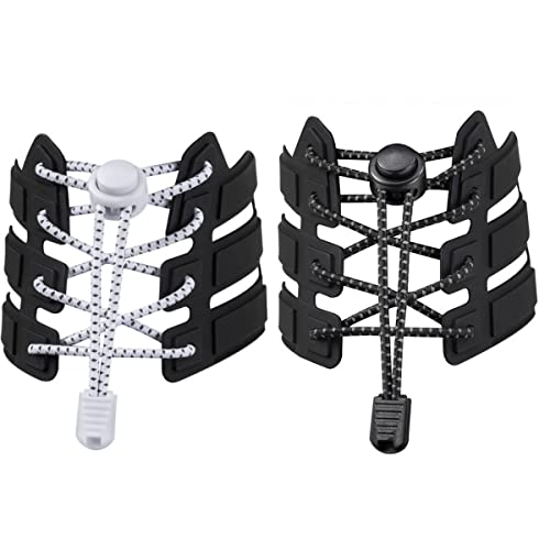 HOUSON 4 paires de lacets élastiques de 120 cm avec fermeture rapide, système de laçage rapide réfléchissant pour baskets, chaussures de course, chaussures de sport , Blanc et noir Cover