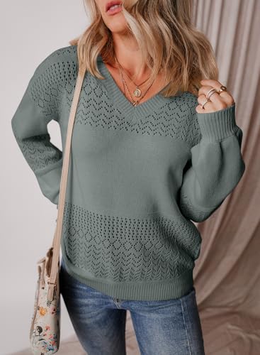 Image of SHEWIN Women's Sweaters Casual Long Sleeve V Neck Crewneck Lightweight Crochet Pullover Sweater Tops