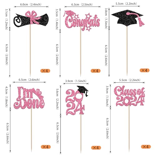Ycthunfish 24 Pack Class Of 2024 Graduation Cupcake Toppers Glitter Congrats Grad Cap I Am Done 2024 Cupcake Picks Grad Cake Decorations For Graduation Theme Party Decorations Supplies Pink thumb #1