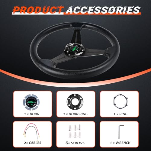 RASTP Universal Racing Steering Wheel 13.8”/350mm 6 Bolts Grip Vinyl Leather & Aluminum with Horn Button for Car -Black - Image 5