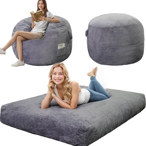 LFCREATOR Giant Bean Bag Chair for Adults, Faux Fur Bean Bag Chair with Mattress Bed Use, Convertible Bean Bag Sofa Bed with Filler Included for Living Room,Bedroom, Dark Gray.Medium-Sized