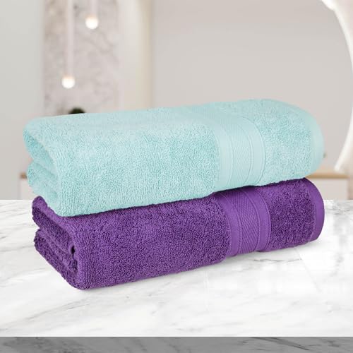 Image of MYTRIDENT Soft Comfort Air Rich 100% Cotton Towels for Bath, 500 GSM Large Size Bathroom Towels for Men /Women, 2PC Bath (69 cm x 137 cm), Nile Blue and Plum