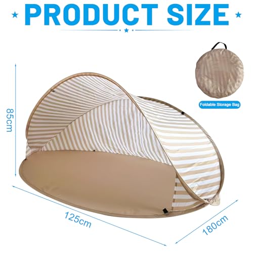 Strandmuschel Pop Up 3-4 Personen, Strandzelt Strand Zelt mit 50+ UV-Schutz, Tragbarer Automatisches Windschutz Wurfzelt mit Tragetasche und Heringe für Familie Camping Garten (Khaki)