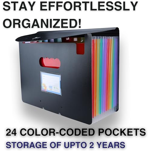Image of SPS A4 Expanding File Folder - 13 Pockets | Black | Durable & Waterproof | Snap Button Closure | Fits A4 & Letter Size | Portable Accordion Document Organizer