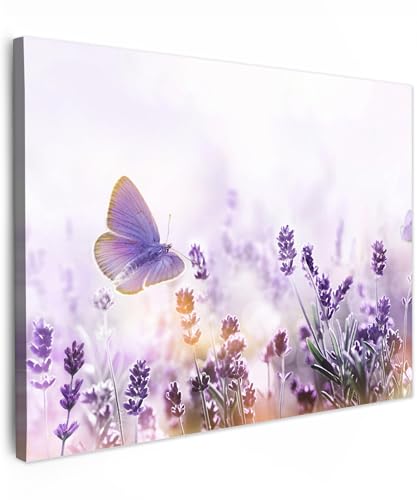 MuchoWow© Cuadros para Salon 70x50 cm Foto con Lienzo Canvas Laminas Cuadro Dormitorio Decoracion Hogar Pared Quadro Lavanda - Mariposa - Violeta - con Flores - Naturaleza