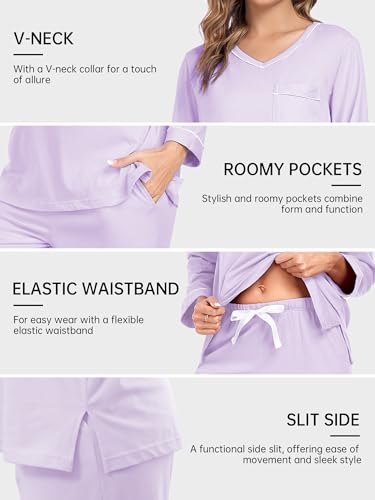 Image of COLORFULLEAF 100% Cotton Pajama Set for Women Long Sleeve Sleepwear with Pants Soft Comfy Two-Piece Pjs with Pockets