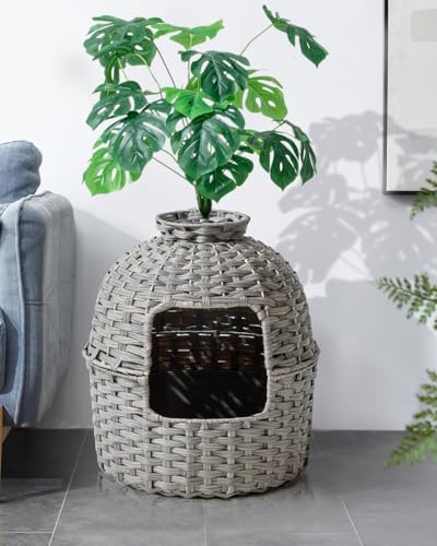 Image of SETVSON Cat Litter Box Plant Enclosure, Hidden Handwoven Rattan with Cat Litter Box Furniture and Artificial Plants, Odor Control Filter, Real Stones in Living Room, Bedroom, Corner (Gray)